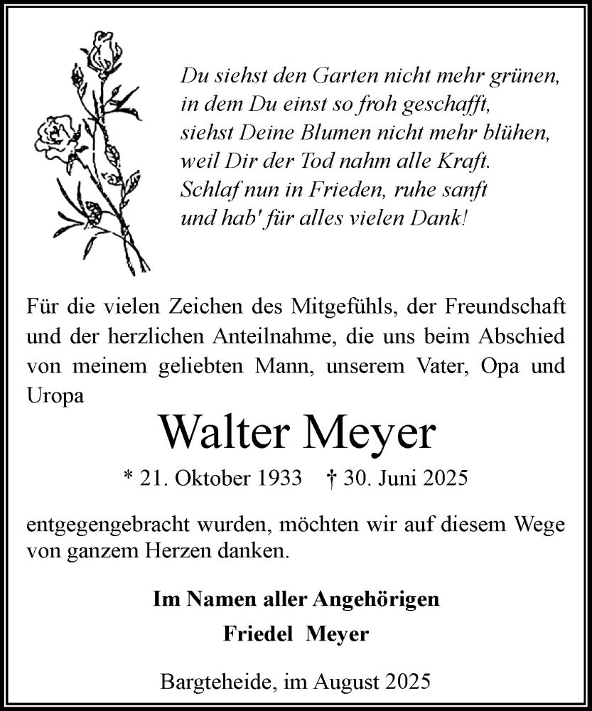 Traueranzeige für Walter Meyer vom 09.08.2025 aus MARKT Ahrensburg/Bargteheide/Trittau und Stormarner Tageblatt