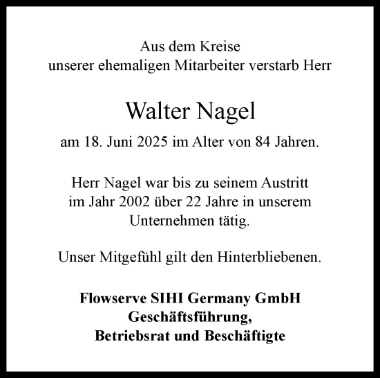 Traueranzeige von Walter Nagel von Norddeutsche Rundschau, Wilstersche Zeitung, Glückstädter Fortuna