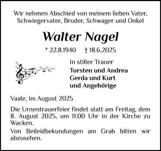 Traueranzeige von Walter Nagel von Norddeutsche Rundschau, Wilstersche Zeitung, Glückstädter Fortuna