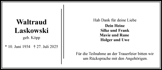 Traueranzeige von Waltraud Laskowski von Wochenend Anzeiger