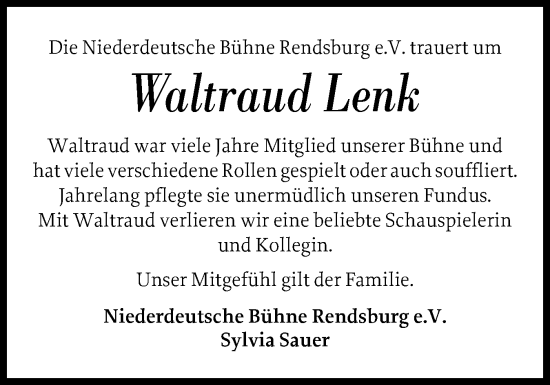 Traueranzeige von Waltraud Lenk von Schleswig-Holsteinische Landeszeitung