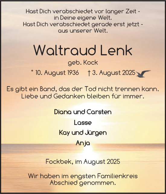 Traueranzeige von Waltraud Lenk von Schleswig-Holsteinische Landeszeitung