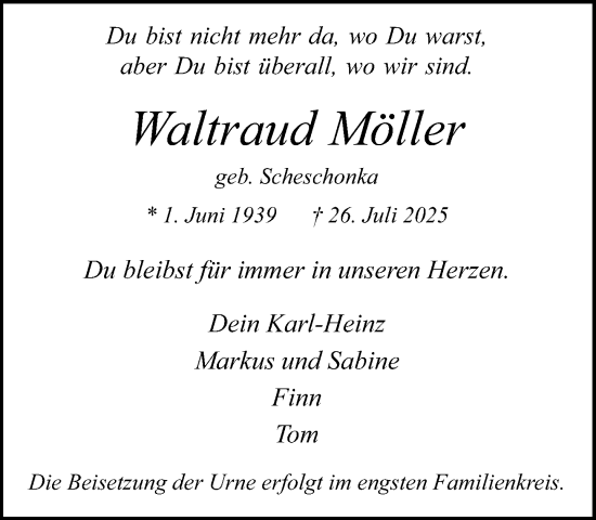 Traueranzeige von Waltraud Möller von MARKT Ahrensburg/Bargteheide/Trittau und Stormarner Tageblatt