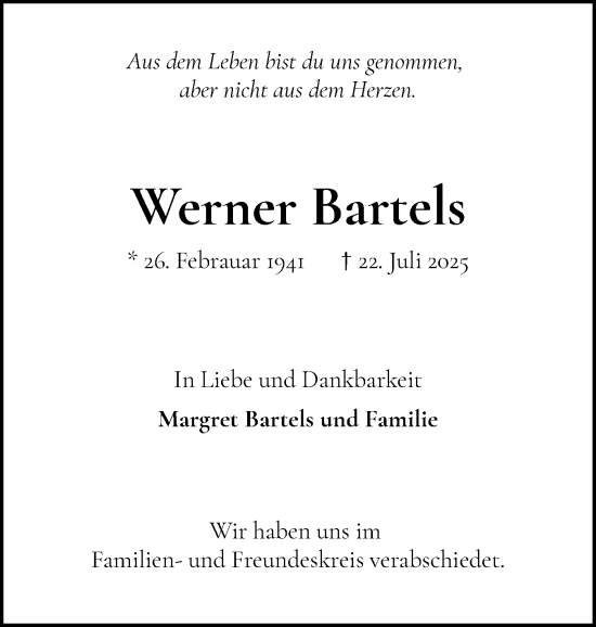 Traueranzeige von Werner Bartels von Wedel-Schulauer Tageblatt, tip Wedel-Schulauer Tageblatt, tip Rissener Rundschau