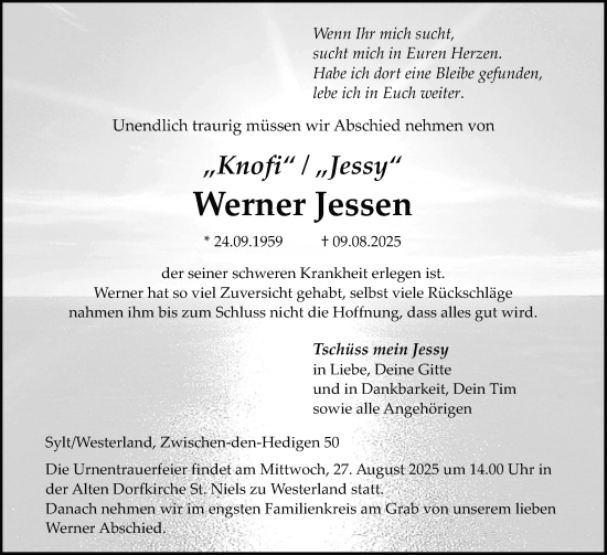 Traueranzeige von Werner Jessen von Sylter Rundschau