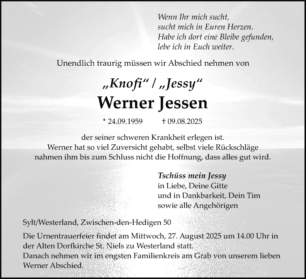  Traueranzeige für Werner Jessen vom 20.08.2025 aus Sylter Rundschau