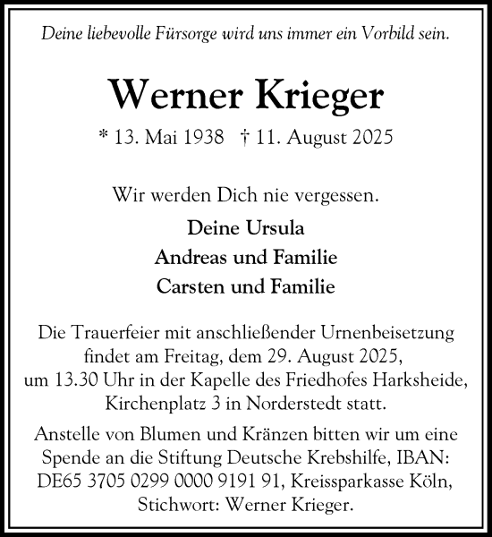 Traueranzeige von Werner Krieger von Heimatspiegel