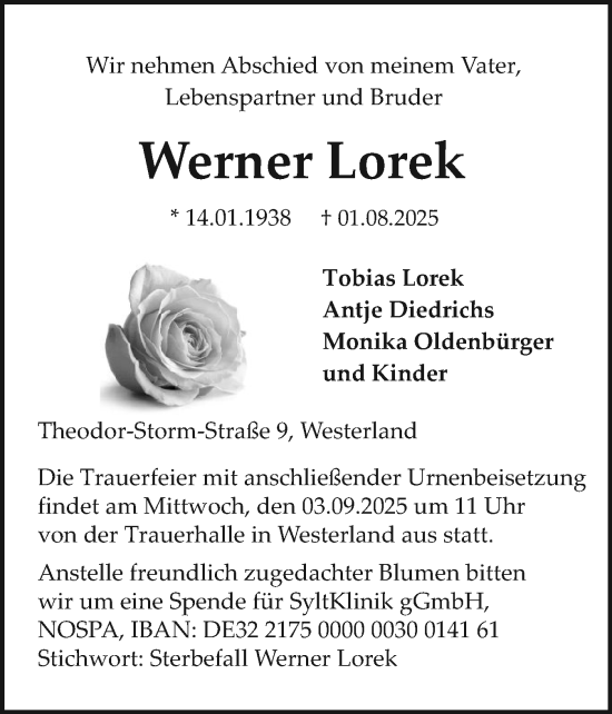 Traueranzeige von Werner Lorek von Sylter Rundschau