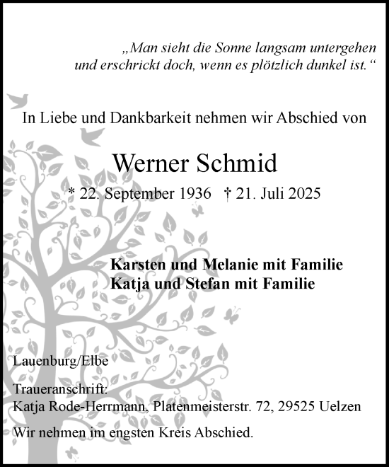 Traueranzeige von Werner Schmid von Wochenend Anzeiger