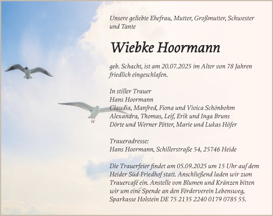 Traueranzeige von Wiebke Hoormann von MARKT Bad Oldesloe/Reinfeld und Stormarner Tageblatt