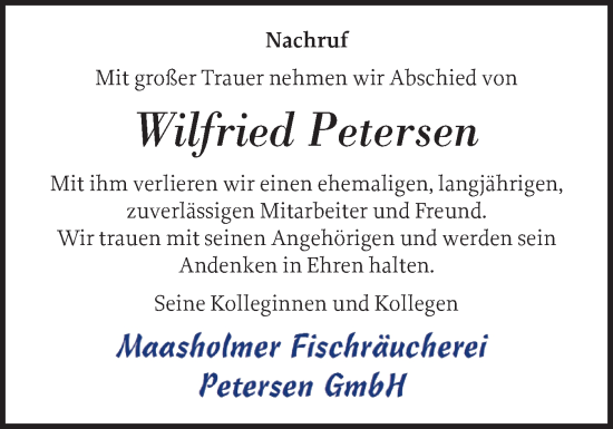 Traueranzeige von Wilfried Petersen von Schleswiger Nachrichten, Schlei-Bote
