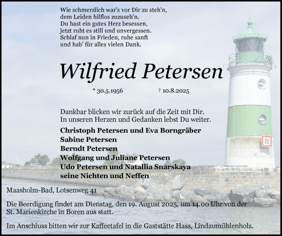 Traueranzeige von Wilfried Petersen von Schleswiger Nachrichten, Schlei-Bote