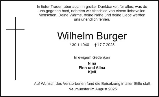 Traueranzeige von Wilhelm Burger von Holsteinischer Courier