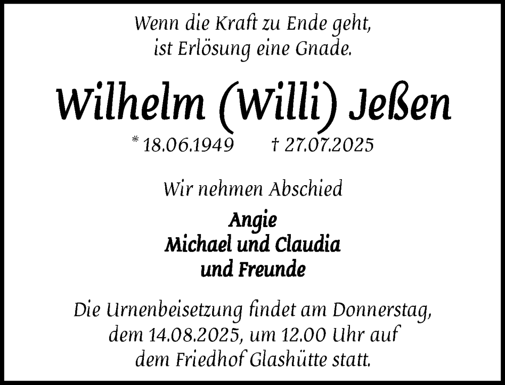  Traueranzeige für Wilhelm Jeßen vom 09.08.2025 aus Heimatspiegel