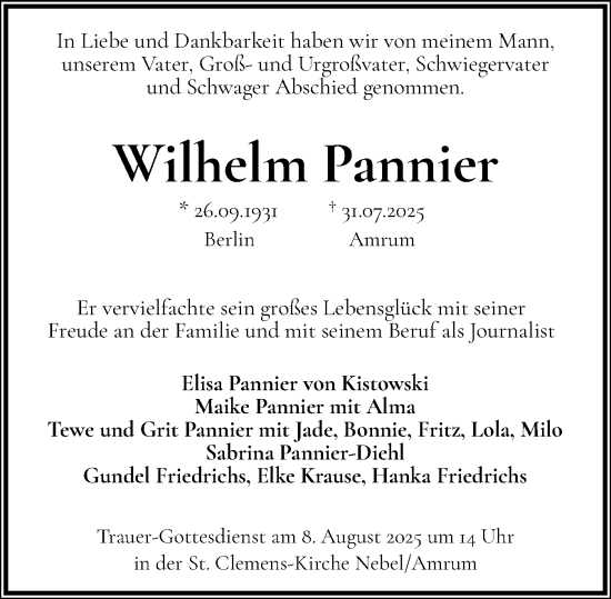 Traueranzeige von Wilhelm Pannier von Der Insel-Bote