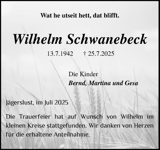 Traueranzeige von Wilhelm Schwanebeck von Schleswig-Holsteinische Landeszeitung