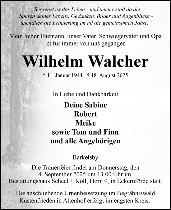 Traueranzeige von Wilhelm Walcher von Eckernförder Zeitung, Hallo Eckernförde
