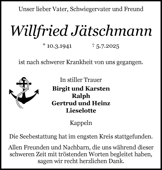 Traueranzeige von Willfried Jätschmann von Schleswiger Nachrichten, Schlei-Bote