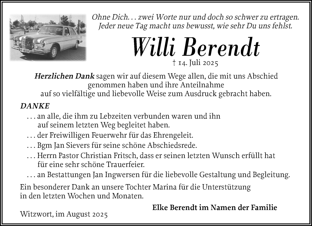  Traueranzeige für Willi Berendt vom 16.08.2025 aus Husumer Nachrichten, Nordfriesland Tageblatt