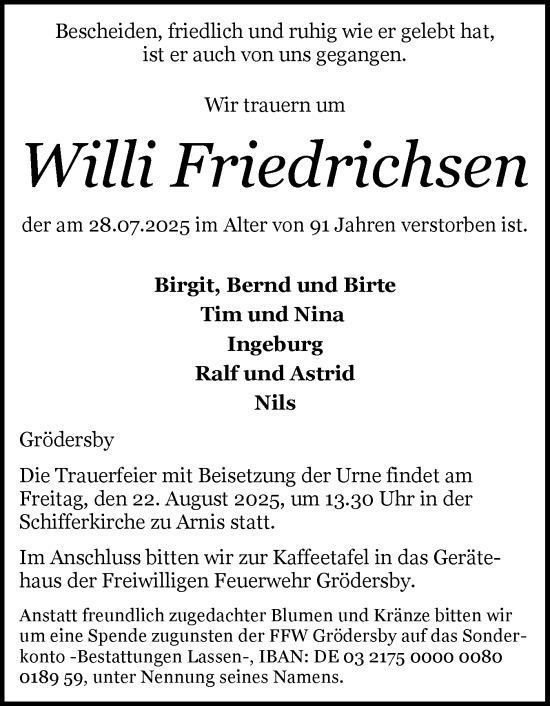 Traueranzeige von Willi Friedrichsen von Schleswiger Nachrichten, Schlei-Bote