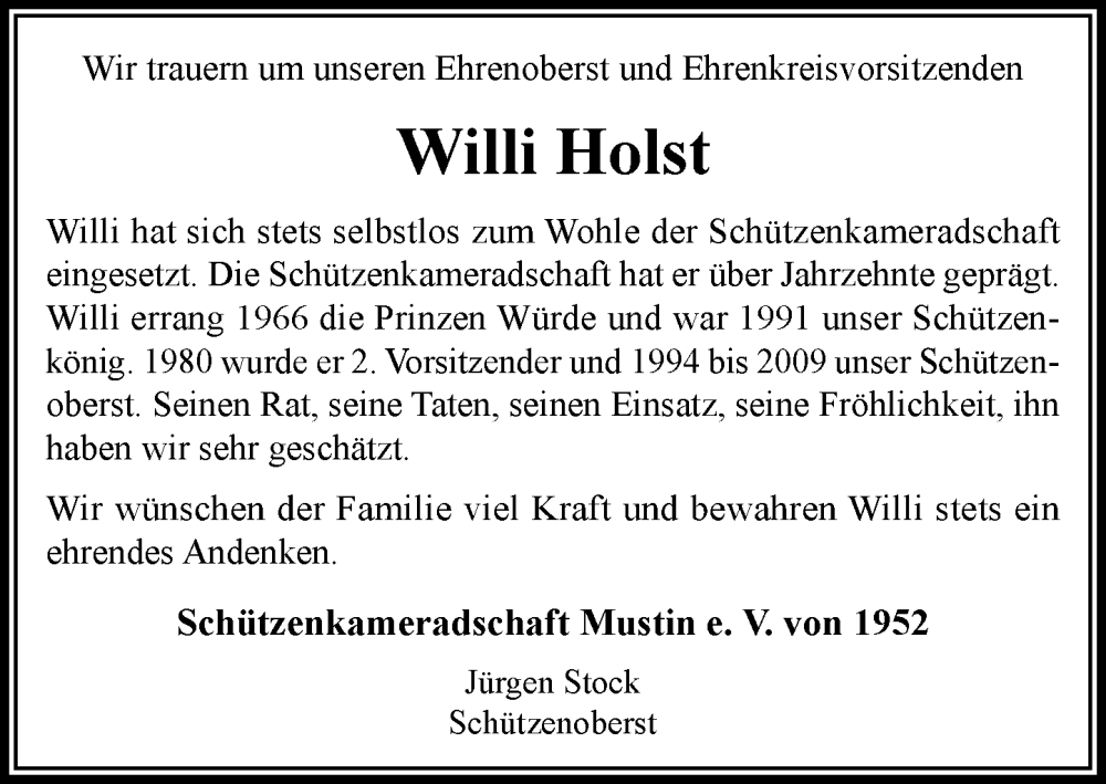  Traueranzeige für Willi Holst vom 09.08.2025 aus MARKT Ratzeburg/Mölln