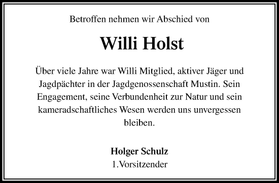 Traueranzeige von Willi Holst von MARKT Ratzeburg/Mölln