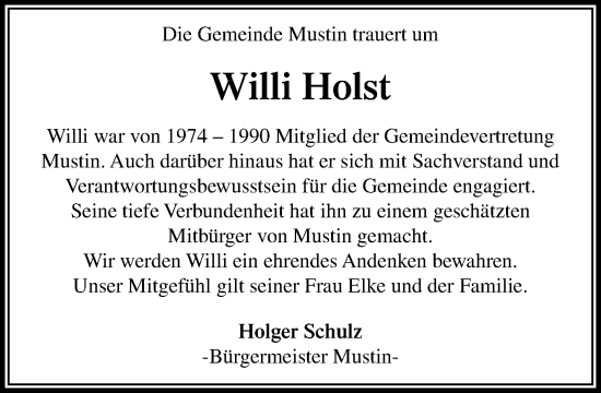 Traueranzeige von Willi Holst von MARKT Ratzeburg/Mölln