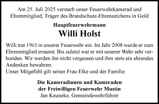 Traueranzeige von Willi Holst von MARKT Ratzeburg/Mölln