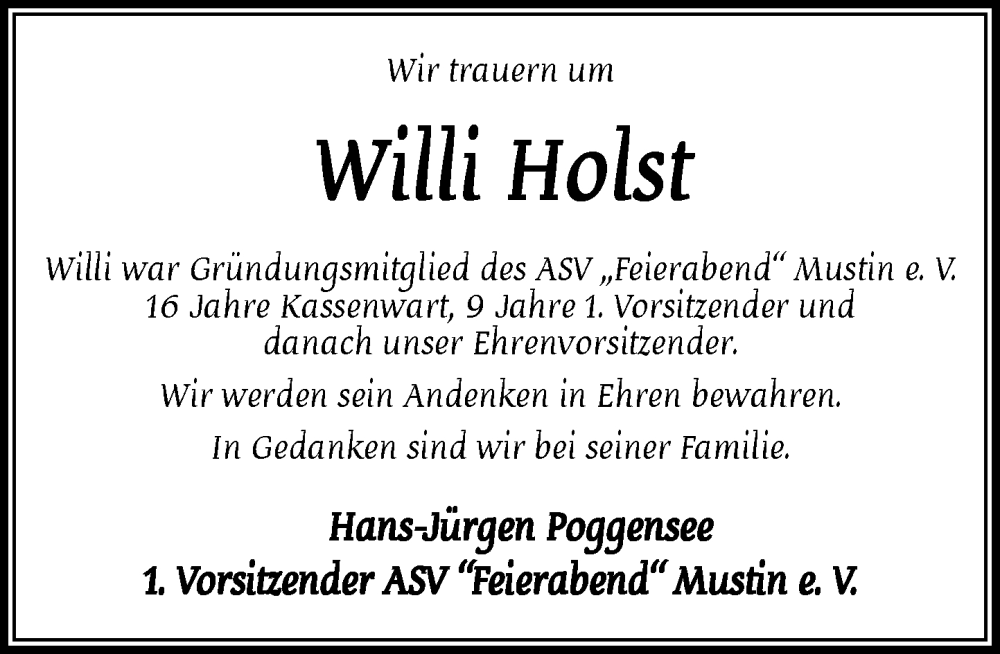  Traueranzeige für Willi Holst vom 09.08.2025 aus MARKT Ratzeburg/Mölln
