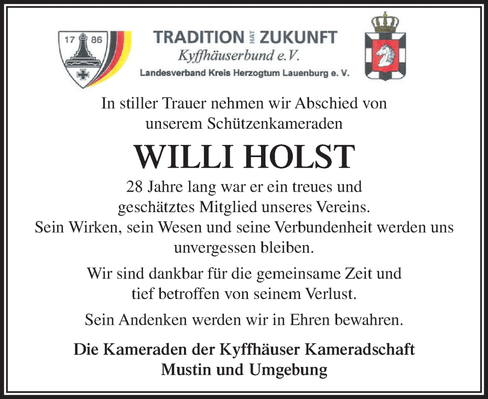  Traueranzeige für Willi Holst vom 09.08.2025 aus MARKT Ratzeburg/Mölln