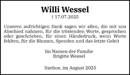 Traueranzeige von Willi Wessel von Norddeutsche Rundschau, Wilstersche Zeitung, Glückstädter Fortuna
