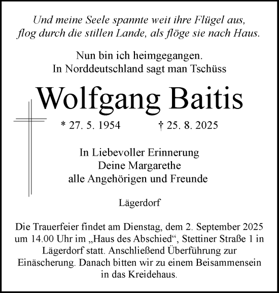Traueranzeige von Wolfgang Baitis von Norddeutsche Rundschau, Wilstersche Zeitung, Glückstädter Fortuna