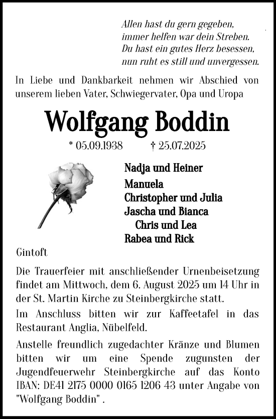 Traueranzeige von Wolfgang Boddin von Flensburger Tageblatt