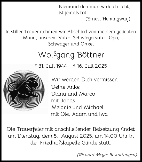 Traueranzeige von Wolfgang Böttner von MARKT Glinde/Reinfeld