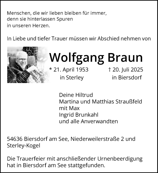 Traueranzeige von Wolfgang Braun von MARKT Ratzeburg/Mölln