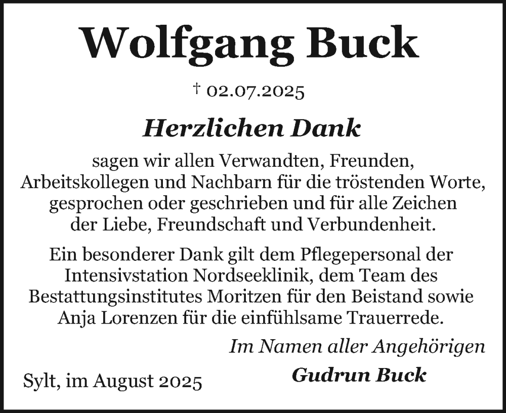  Traueranzeige für Wolfgang Buck vom 02.08.2025 aus Sylter Rundschau