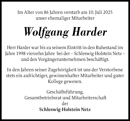 Traueranzeige von Wolfgang Harder von Schleswig-Holsteinische Landeszeitung