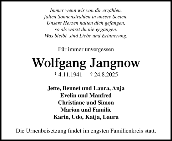 Traueranzeige von Wolfgang Jangnow von MARKT Ratzeburg/Mölln