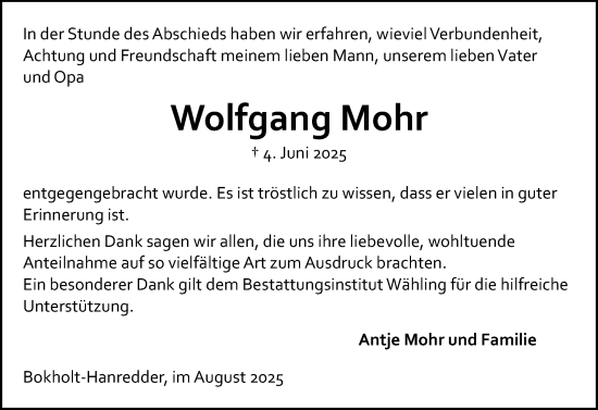 Traueranzeige von Wolfgang Mohr von Elmshorner Nachrichten, Barmstedter Zeitung