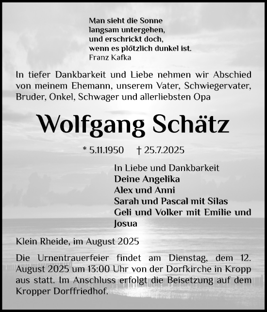 Traueranzeige von Wolfgang Schätz von Schleswiger Nachrichten, Schlei-Bote