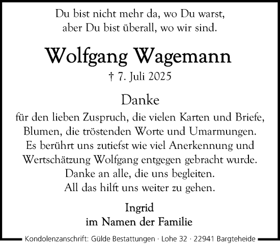 Traueranzeige von Wolfgang Wagemann von MARKT Ahrensburg/Bargteheide/Trittau und Stormarner Tageblatt