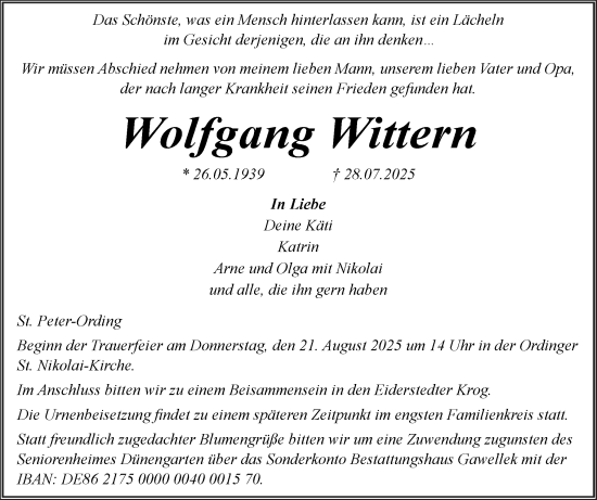 Traueranzeige von Wolfgang Wittern von Elmshorner Nachrichten, Barmstedter Zeitung
