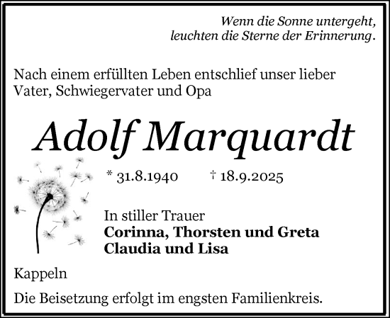 Traueranzeige von Adolf Marquardt von Schleswiger Nachrichten, Schlei-Bote