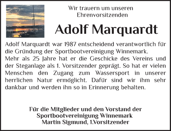 Traueranzeige von Adolf Marquardt von Schleswiger Nachrichten, Schlei-Bote, Eckernförder Zeitung