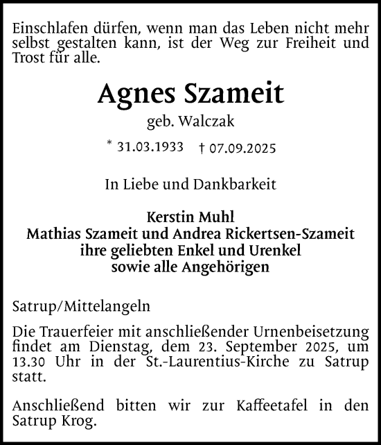 Traueranzeige von Agnes Szameit von Flensburger Tageblatt