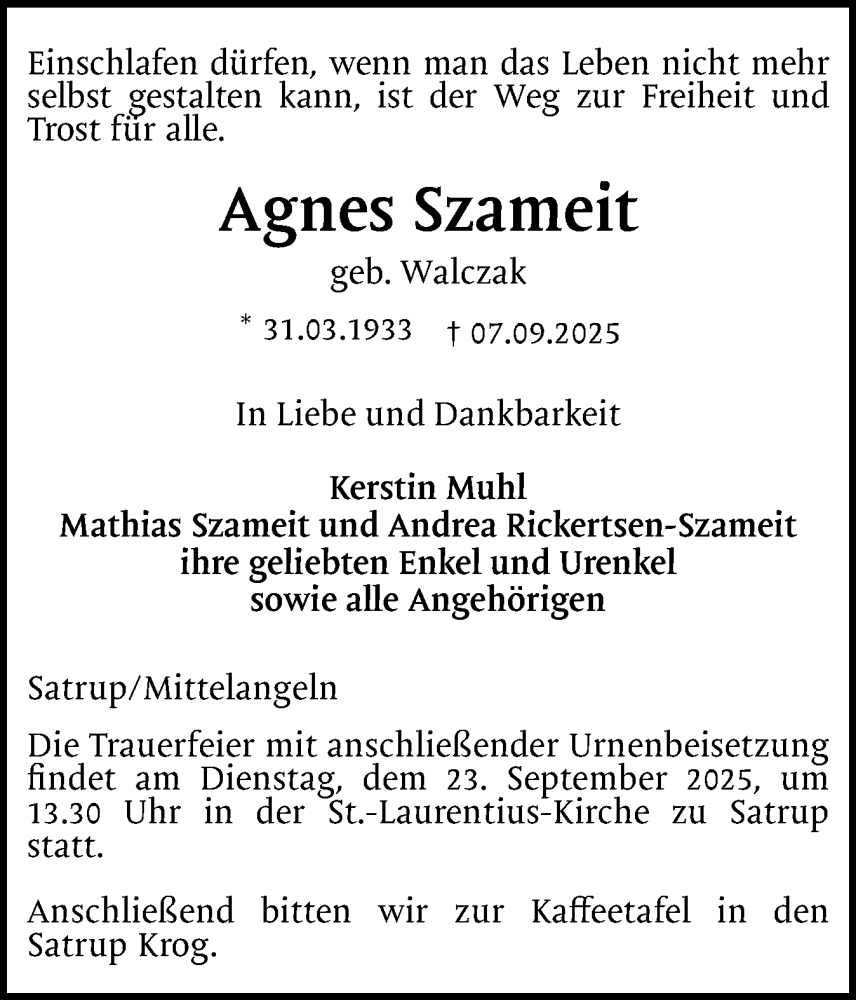  Traueranzeige für Agnes Szameit vom 13.09.2025 aus Flensburger Tageblatt