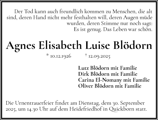 Traueranzeige von Agnes Elisabeth Luise Blödorn von Region Pinneberg und tip Pinneberg
