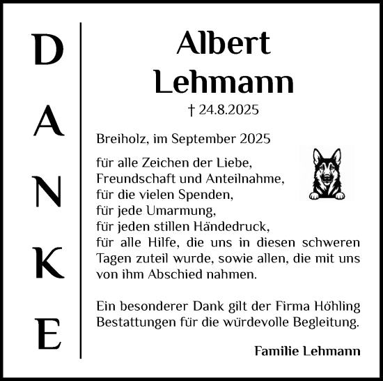 Traueranzeige von Albert Lehmann von Schleswig-Holsteinische Landeszeitung