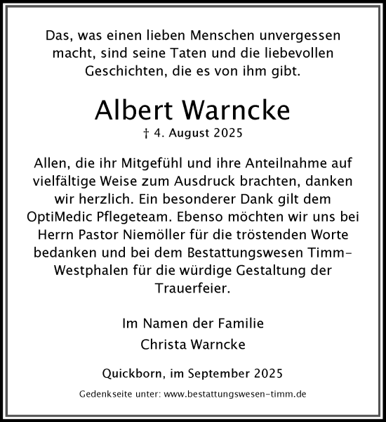 Traueranzeige von Albert Warncke von Umschau