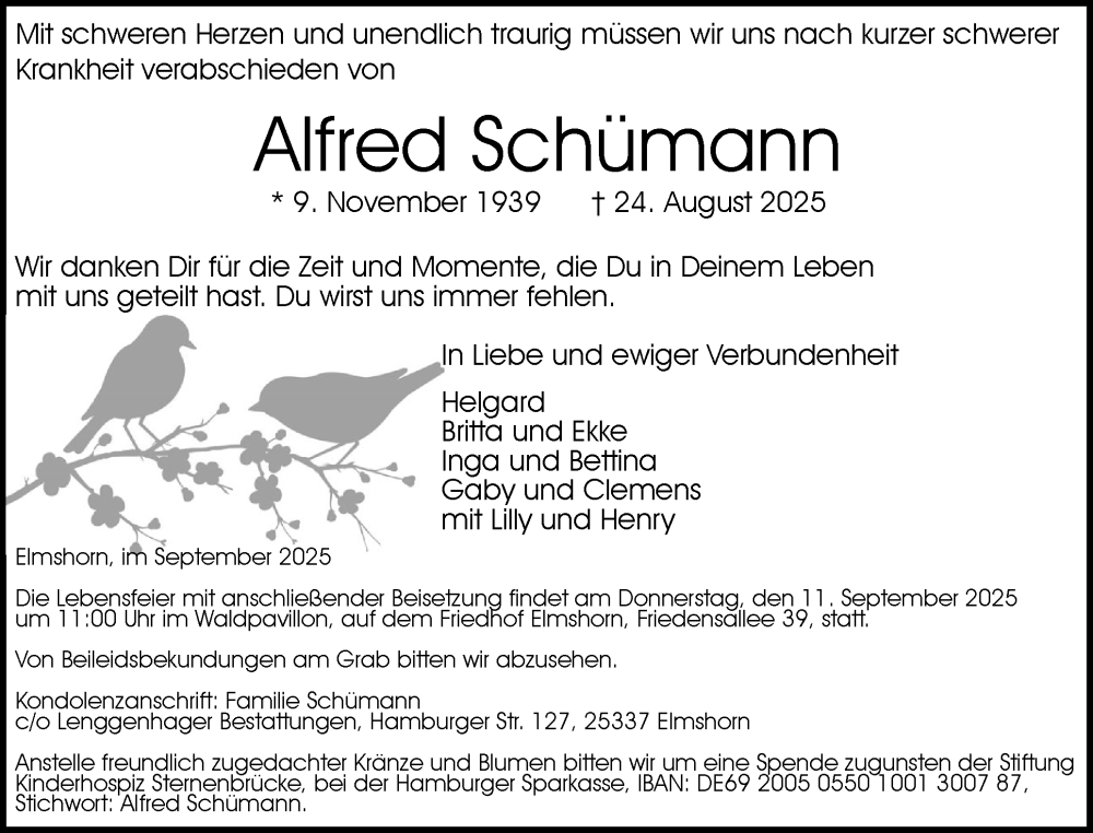  Traueranzeige für Alfred Schümann vom 06.09.2025 aus Elmshorner Nachrichten, Barmstedter Zeitung